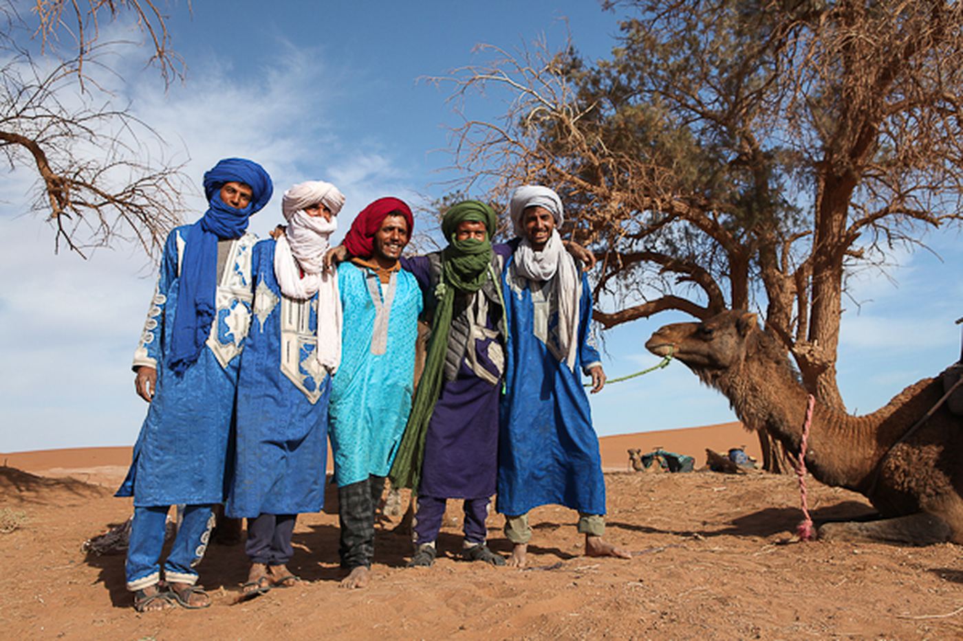 The team of guides standing together beneath a tamarisk tree